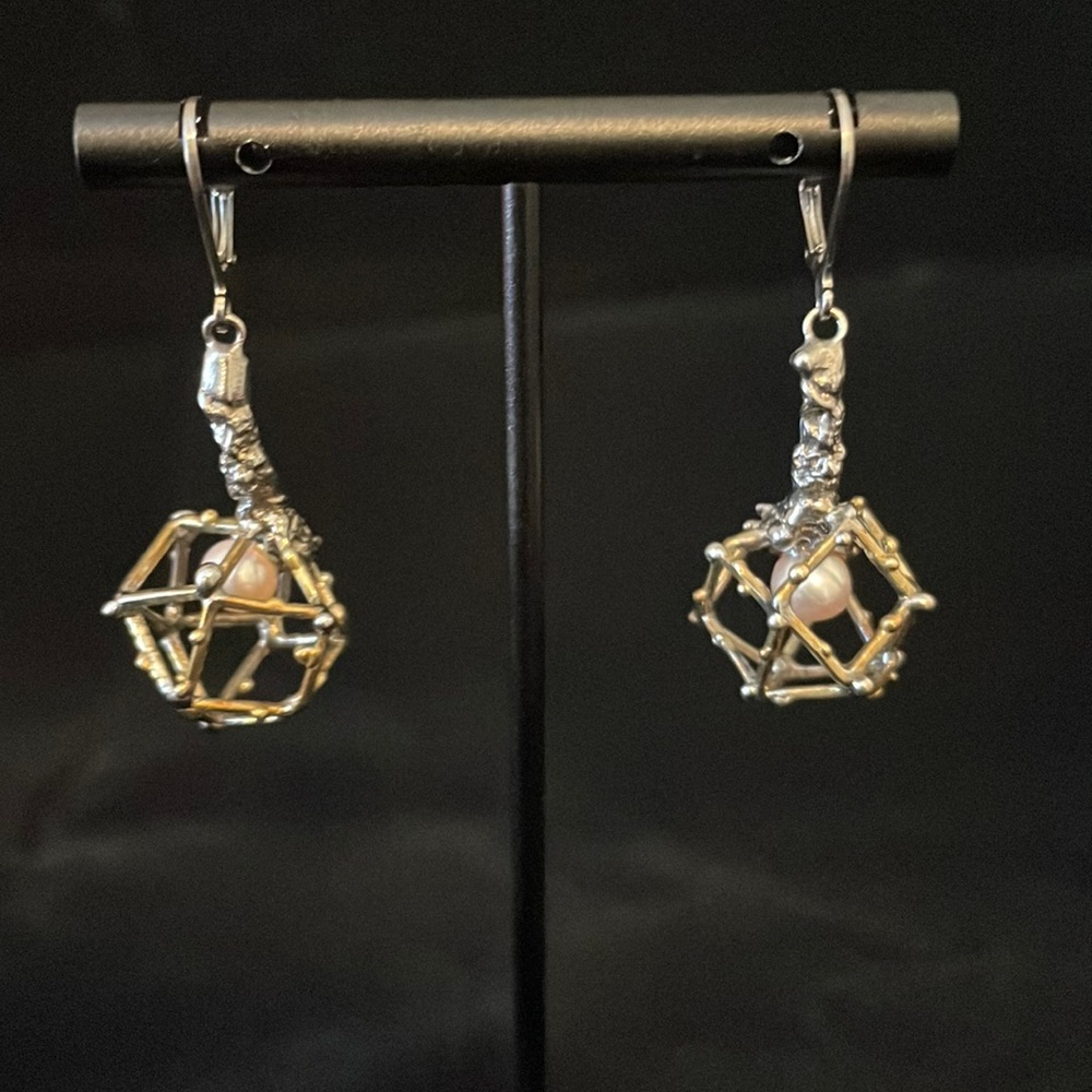 Silver and pearl geometric earrings unique